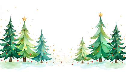 Fototapeta premium Row of hand-painted watercolor Christmas trees with small golden stars on top, arranged in a minimalist composition on a clean white background. Plenty of copy space for text or design elements. Soft,