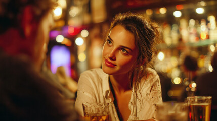 woman in a casual shirt, looking genuinely interested and engagingly at a date or friend in a cozy lit bar or pub. Captures authentic social interaction, first dates, and nightlife lifestyle moments.