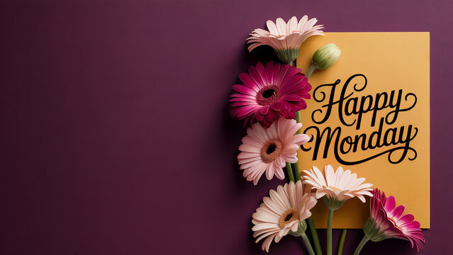 Happy Monday elegant calligraphy lettering on golden yellow card with fresh pink magenta white gerbera daisy flowers on burgundy purple background