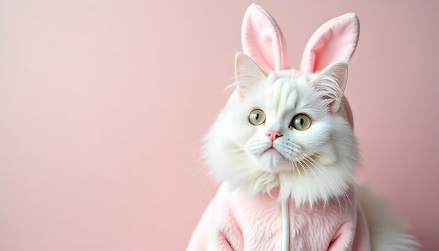 Adorable white cat wearing a soft pink easter bunny costume with long ears, sitting against a pastel background. The image has a minimalist, clean, and playful aesthetic, Easter rabbit, concept