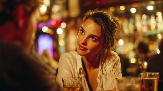 woman in a casual shirt, looking genuinely interested and engagingly at a date or friend in a cozy lit bar or pub. Captures authentic social interaction, first dates, and nightlife lifestyle moments.