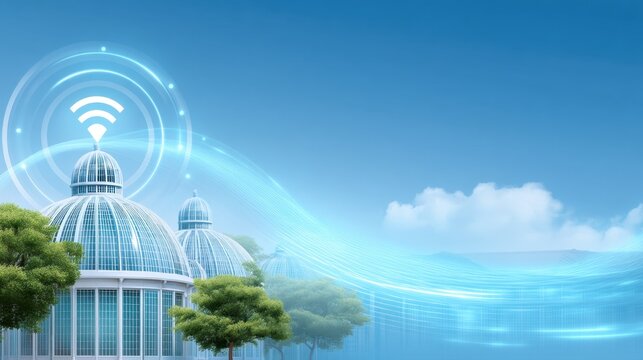 Futuristic glass architecture with wireless signal symbolizing technology and connectivity in a lush green environment under a clear blue sky