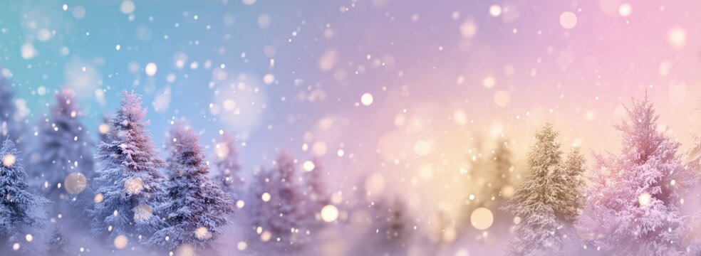 a beautiful blurred background of snow falling, with bokeh lights and fluffy white trees in the foreground the colors are pastel blue, pale pink, lavender, mint green, soft yellow, light Generative AI