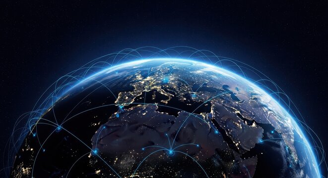Global Network and Data Connections Encircling Planet Earth at Night, Illustrating Telecommunications and Internet Technology