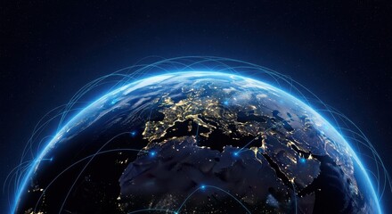 Global Network and Data Connections Encircling Planet Earth at Night, Illustrating Telecommunications and Internet Technology