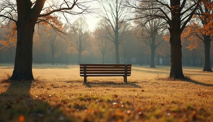 Empty park bench rests in quiet autumn field. Leafless trees cast long shadows. Soft sunlight illuminates grassy ground. Serene nature landscape offers peaceful rest.