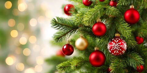 Christmas tree branches decorating with red and gold ornaments