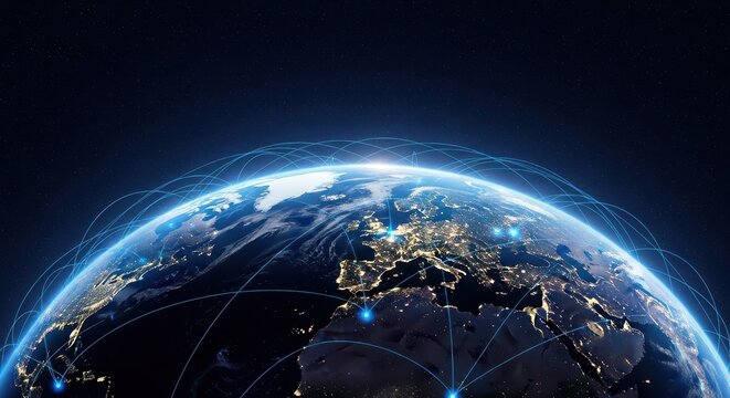 Global Network and Data Connections Encircling Planet Earth at Night, Illustrating Telecommunications and Internet Technology - Powered by Adobe
