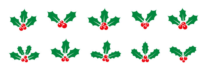 Christmas holly berries and leaves icon set vector illustration. collection of minimal mistletoe, holly berries in different styles best for merry invitations, greeting cards, PNG illustration.