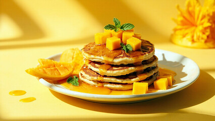 Delicious Stacked Pancakes with Mango and Maple Syrup on Yellow Background Still Life. Generative AI.