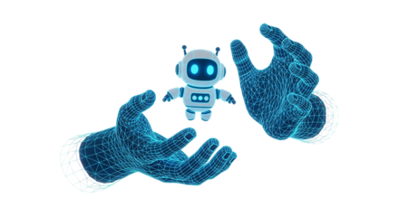 Digital Future Holographic Hands Protecting a Cute AI Robot Technology Innovation Futuristic Design Virtual Reality Sci