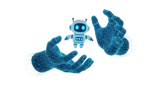 Digital Future Holographic Hands Protecting a Cute AI Robot Technology Innovation Futuristic Design Virtual Reality Sci