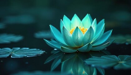 Glowing teal lotus flower floats on dark water surface. Aquatic plant bloom reflects in calm pond, serene nature scene. Peaceful floral, spa background.