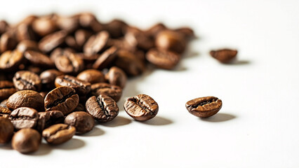 Close up Delicious Roasted Coffee Bean Pile Isolated on White Background. Generative AI.
