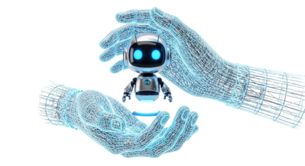 Futuristic AI Robot Hands Digital Hologram Innovation Tech Cute Modern Protection Concept Techy Science Virtual