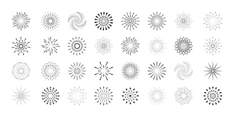 Fireworks icon vector set, black burst shapes, festive sparkle symbols, radial sunbeam, sunburst, or sun ray signs collection for Christmas, new year, holiday, anniversary party celebration.