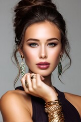 Obraz premium Woman posing wearing elegant makeup and gold jewelry