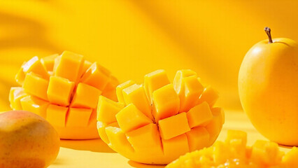 Bright Studio Shot of Sliced Ripe Mangoes on Yellow Background Food. Generative AI.