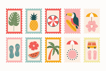 A collection of stylized postage stamps arranged horizontally