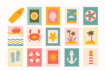 A horizontal collection of illustrated postage stamps