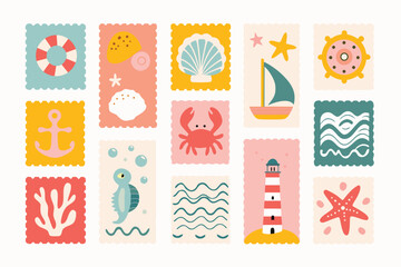 A horizontal collection of postage stamps featuring unique designs