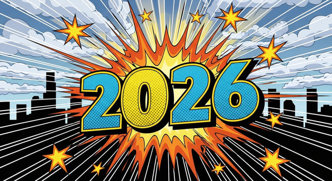 2026 numbers in vibrant pop comic burst over city skyline