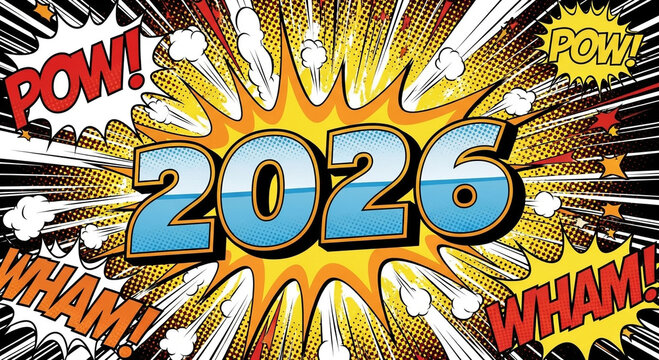 2026 year in vibrant comic book style with explosive pop background