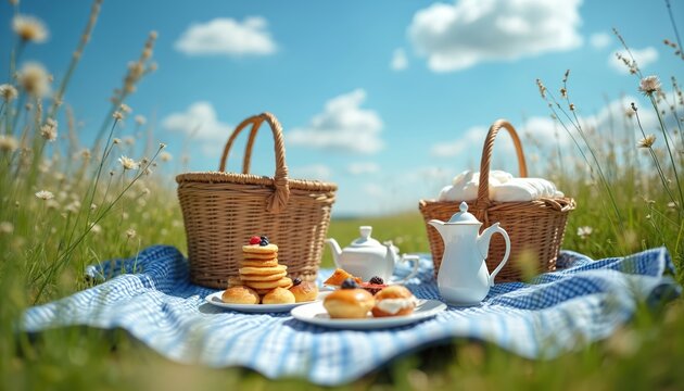 Romantic picnic setup on blue blanket in green field with wildflowers. Two wicker baskets, white tea set, pancakes, pastries, and fruits. Sunny day with blue sky and clouds. - Powered by Adobe