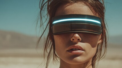 Girl in futuristic glasses against desert backdrop.
