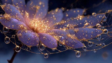Purple flower sprinkled with golden dew drops.