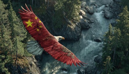 Majestic eagle with national flag in flight.