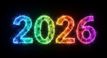 Glowing 2026 text in vibrant rainbow colors