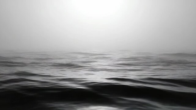 A serene expanse of water is shrouded in dense fog, evoking a sense of calm and mystery. The monochrome palette enhances the tranquil and atmospheric mood of the scene