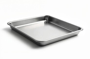 Square silver metal tray is isolated on white background. This clean empty shiny kitchen baking pan has simple minimalist design, perfect for food preparation, cooking, or commercial catering needs.