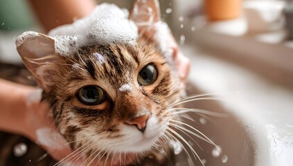 A fluffy cat with big green eyes is being gently bathed, with soap bubbles on its head and fur. The close-up captures its adorable, slightly grumpy expression during the wash.
