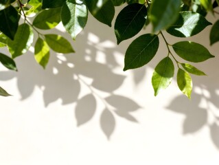 Obraz premium Green leaf shadows on neutral background, sunlight dapple effect, fresh botanical vibe