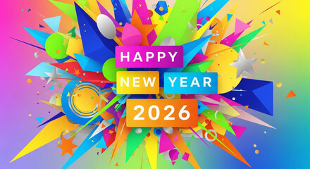 Happy New Year 2026 banner with colorful explosion and festive elements