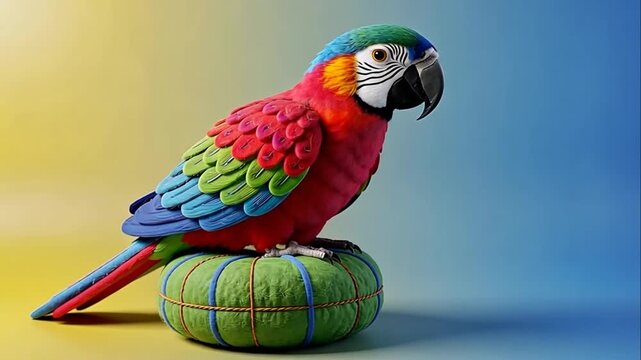 Vibrant Rainbow Macaw Statue with Detailed Feathers on Blue Yellow Background Loop.