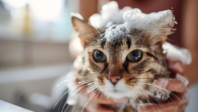 A fluffy cat with big green eyes is being gently bathed, with soap bubbles on its head and fur. The close-up captures its adorable, slightly grumpy expression during the wash.
