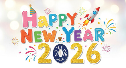 Happy New Year 2026 celebration with rocket and confetti.