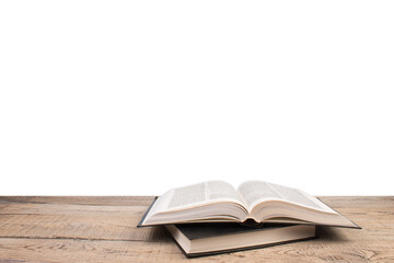 open book. Composition with hardcover books, fanned pages, isolated on white background. Back to school. Copy Space. Education background.