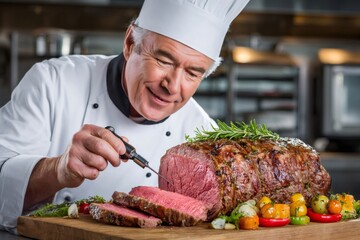 Chef checking doneness of prime rib roast beef