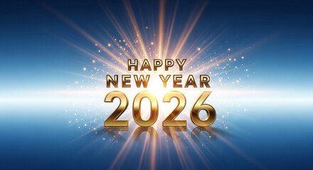 Happy New Year 2026 golden text with glowing starburst on blue background