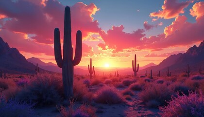 Scenic desert landscape view with cacti. Sunset over mountains with dramatic clouds. Arid nature scenic landscape. This art is perfect for travel business, outdoor blog or wallpaper.