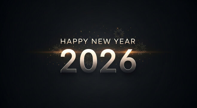 Happy New Year 2026 shimmering text with festive snowflakes and light effects