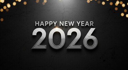 Happy New Year 2026 text with metallic numbers and bokeh lights on dark background