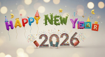 Happy New Year 2026 typography with festive balloons and confetti celebration