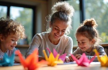 Teacher helps kids make origami cranes. Children learn paper folding art with instructor at table. Colorful paper birds, creative fun activity.