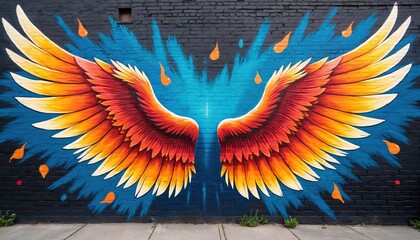 Obraz premium Vibrant angel wings mural on a brick wall. Street art showcases bright colors, details. Urban wallpainting has creative colorful design. Public art on wall. Artistic expression with decoration.