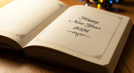 Open book displaying Happy New Year 2026 message with holiday lights in background